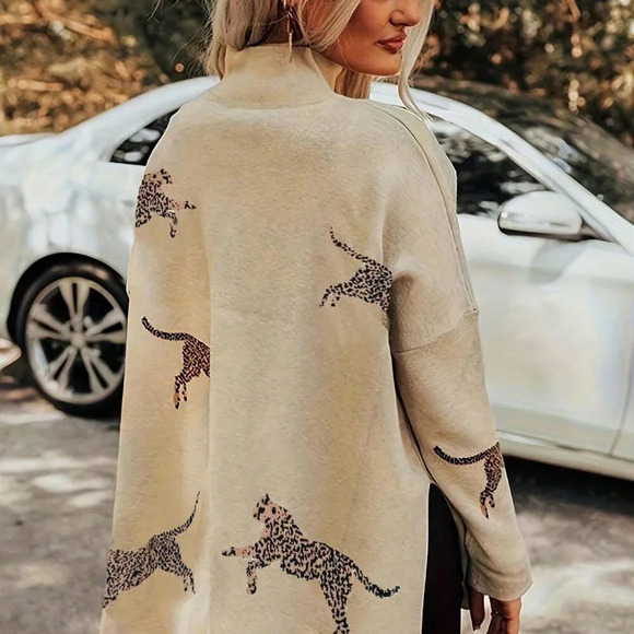 Apricot Casual Women's Mock Neck Leopard Print Long Sleeve Drop Shoulder Sweater - Picture 2 of 3